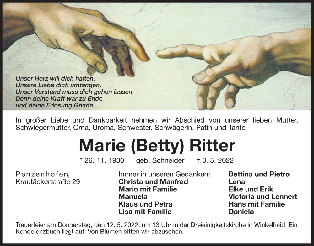  Traueranzeige für Marie Ritter vom 11.05.2022 aus Der Bote