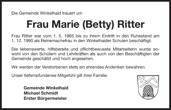 Traueranzeige von Marie Ritter von Der Bote