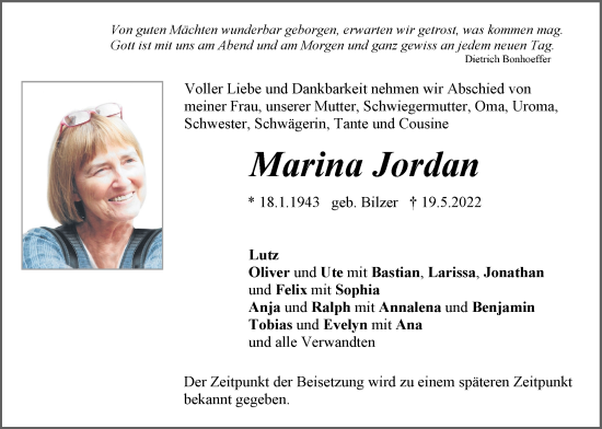 Traueranzeige von Marina Jordan von Der Bote