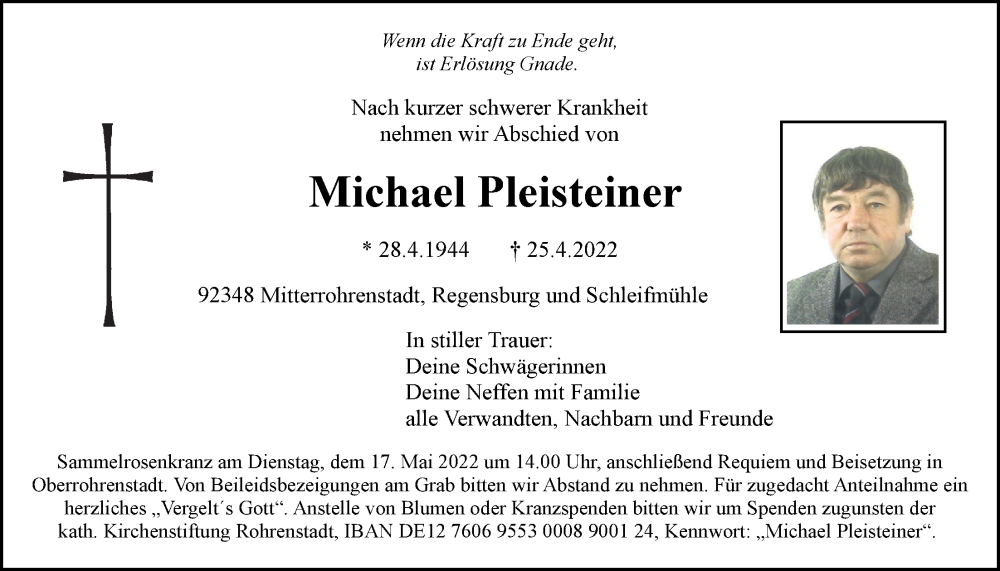  Traueranzeige für Michael Pleisteiner vom 14.05.2022 aus Der Bote