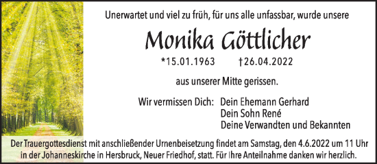 Traueranzeige von Monika Göttlicher von Pegnitz-Zeitung