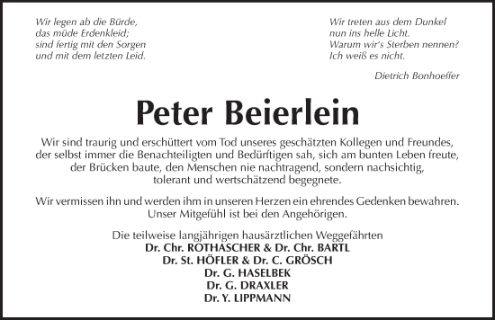 Traueranzeige von Peter Beierlein von Pegnitz-Zeitung