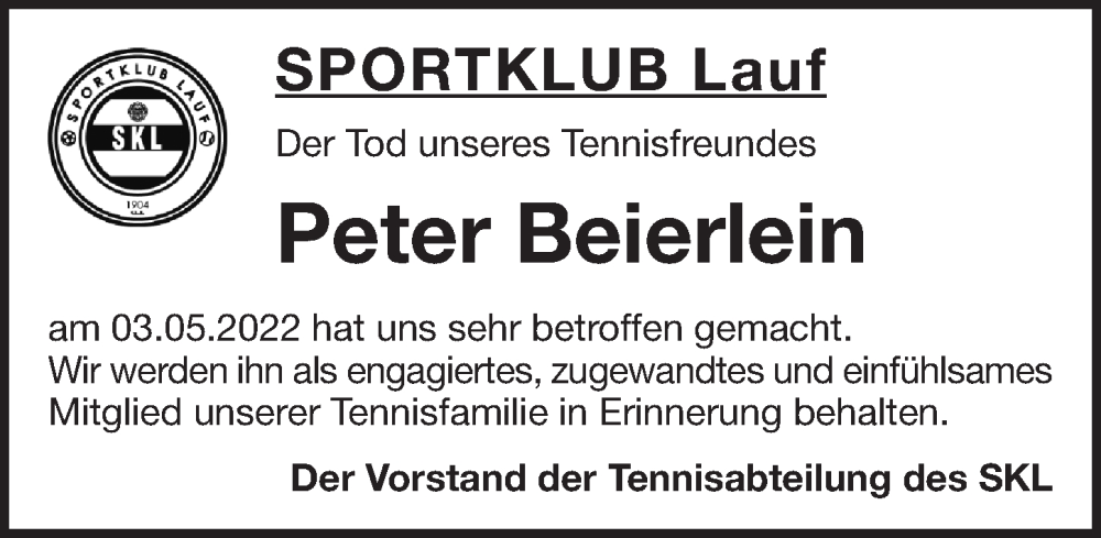  Traueranzeige für Peter Beierlein vom 11.05.2022 aus Pegnitz-Zeitung