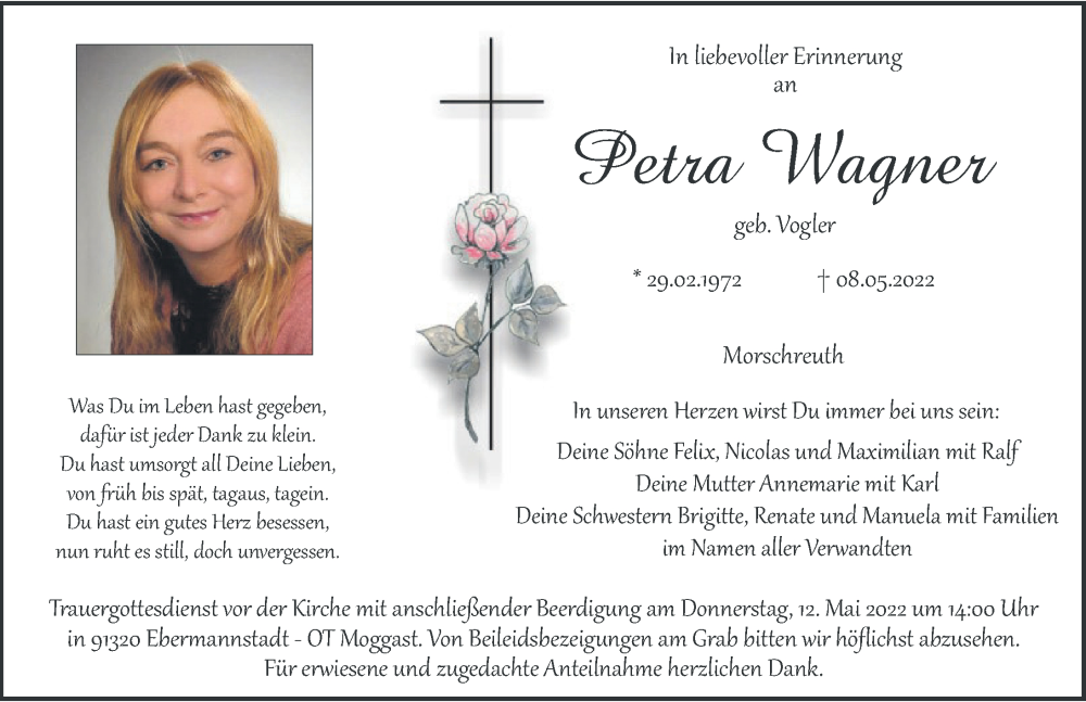  Traueranzeige für Petra Wagner vom 11.05.2022 aus Hersbrucker Zeitung