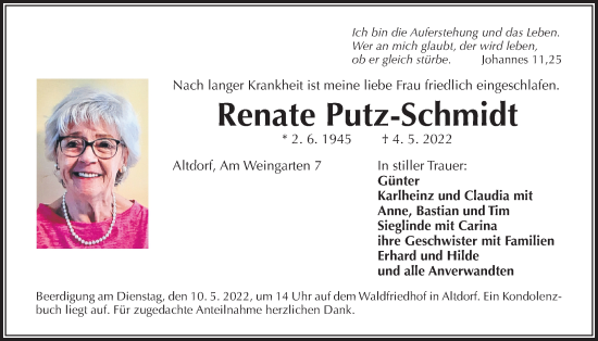 Traueranzeige von Renate Putz-Schmidt von Der Bote