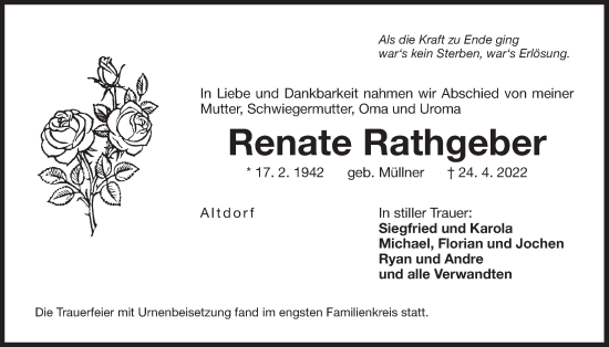 Traueranzeige von Renate Rathgeber von Der Bote