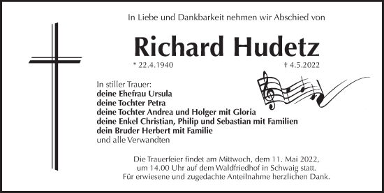 Traueranzeige von Richard Hudetz von Pegnitz-Zeitung
