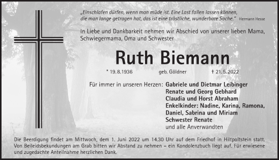 Traueranzeige von Ruth Biemann von Pegnitz-Zeitung