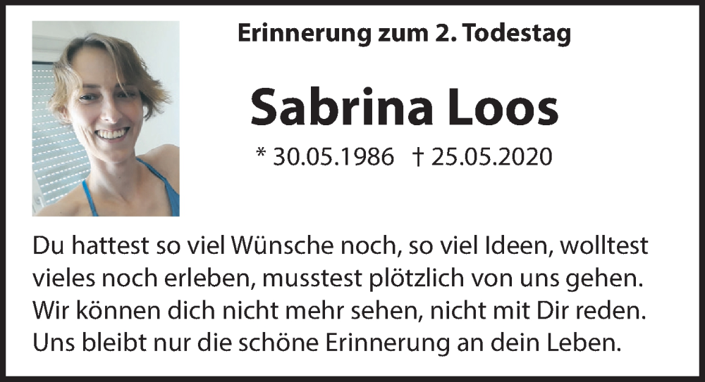  Traueranzeige für Sabrina Loos vom 25.05.2022 aus Hersbrucker Zeitung