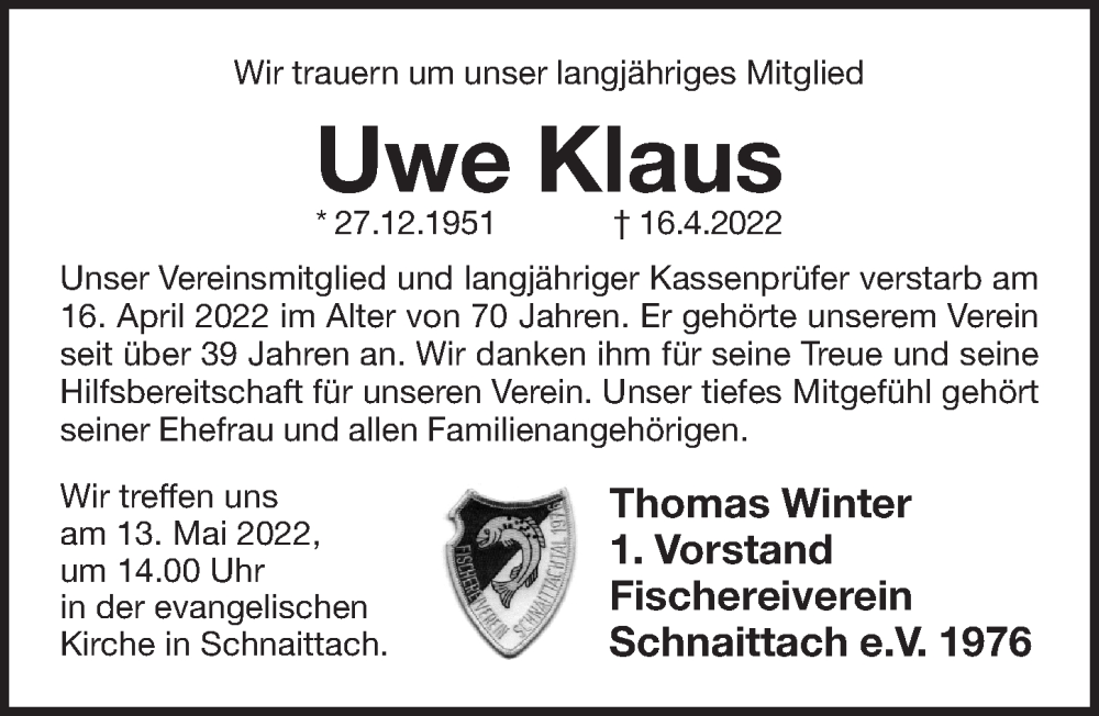  Traueranzeige für Uwe Klaus vom 11.05.2022 aus Pegnitz-Zeitung