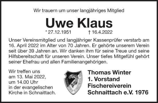Traueranzeige von Uwe Klaus von Pegnitz-Zeitung
