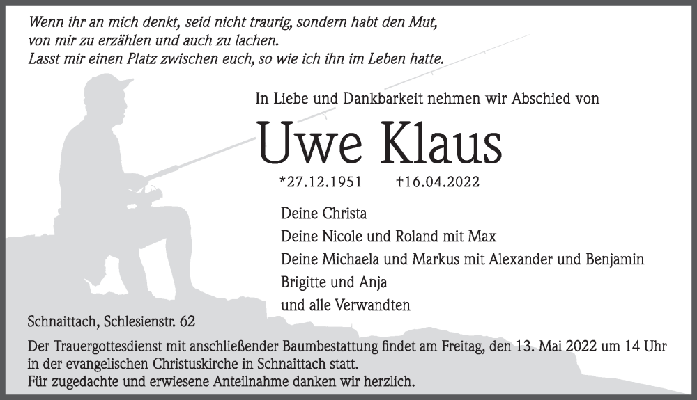  Traueranzeige für Uwe Klaus vom 07.05.2022 aus Pegnitz-Zeitung