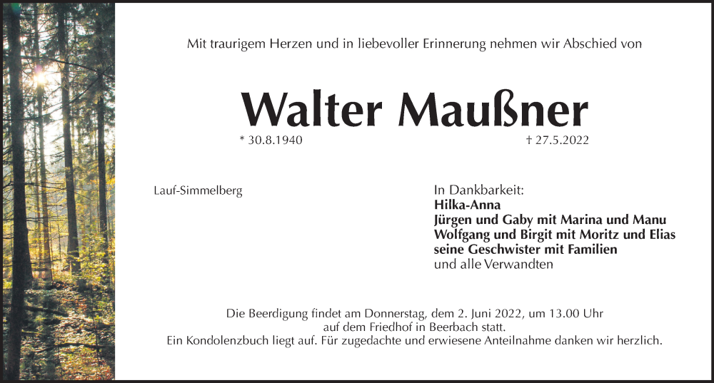  Traueranzeige für Walter Maußner vom 31.05.2022 aus Pegnitz-Zeitung