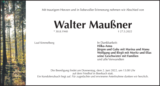 Traueranzeige von Walter Maußner von Pegnitz-Zeitung