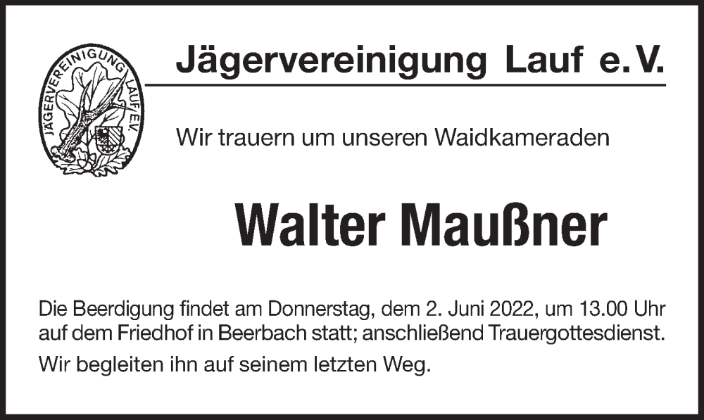  Traueranzeige für Walter Maußner vom 31.05.2022 aus Pegnitz-Zeitung
