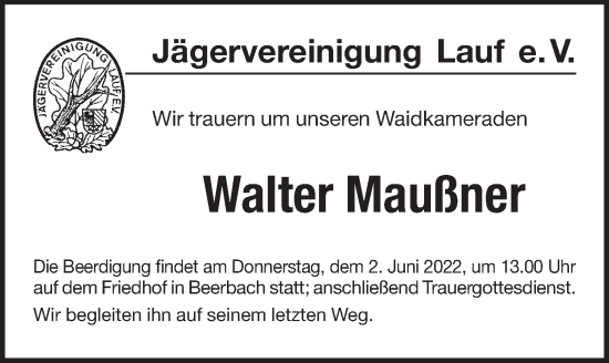 Traueranzeige von Walter Maußner von Pegnitz-Zeitung