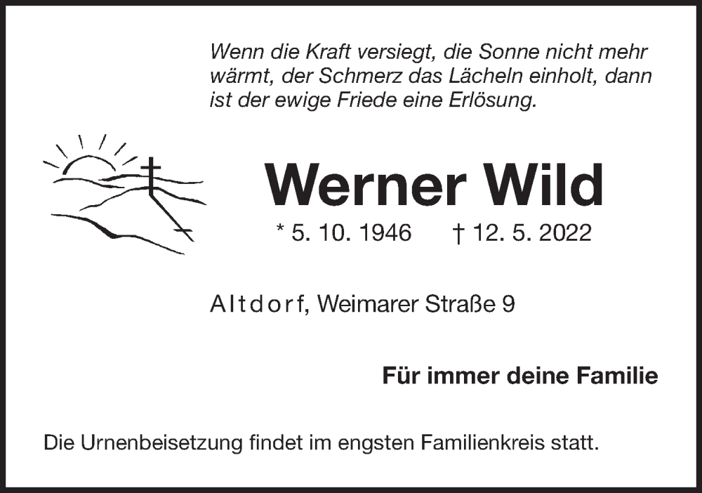  Traueranzeige für Werner Wild vom 14.05.2022 aus Der Bote