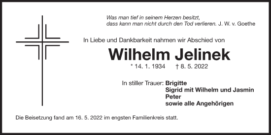 Traueranzeige von Wilhelm Jelinek von Der Bote