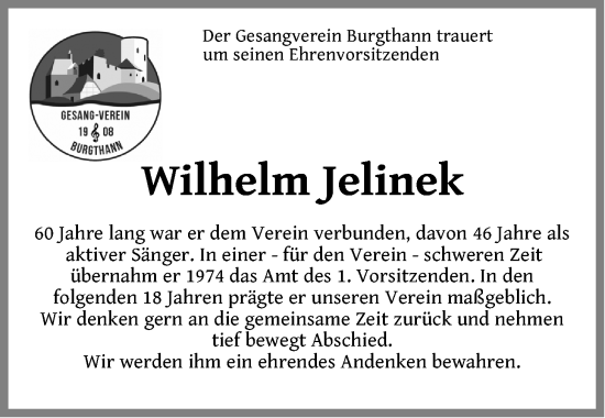 Traueranzeige von Wilhelm Jelinek von Der Bote