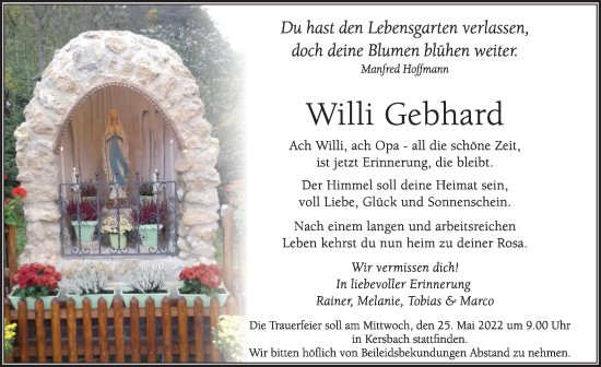 Traueranzeige von Willi Gebhard von Pegnitz-Zeitung