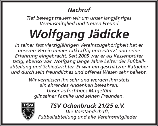 Traueranzeige von Wolfgang Jädicke von Der Bote