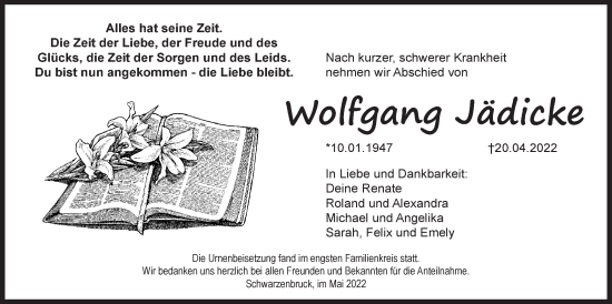 Traueranzeige von Wolfgang Jädicke von Der Bote