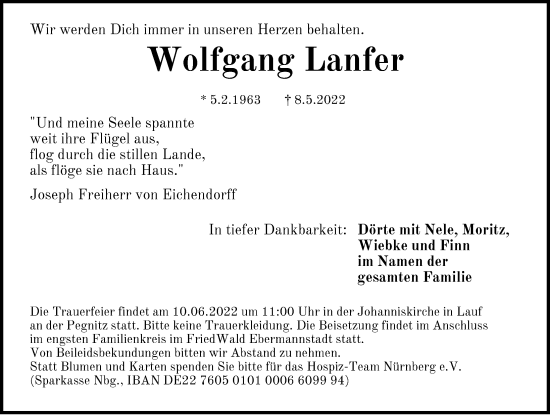 Traueranzeige von Wolfgang Lanfer von Pegnitz-Zeitung