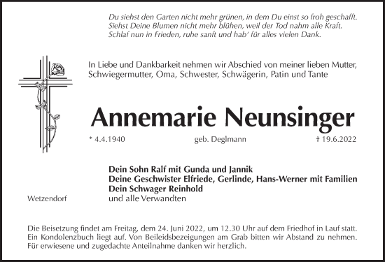 Traueranzeige von Annemarie Neunsinger von Pegnitz-Zeitung