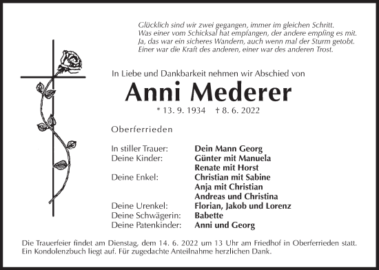 Traueranzeige von Anni Mederer von Der Bote