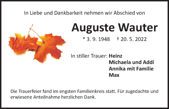 Traueranzeige von Auguste Wauter von Der Bote