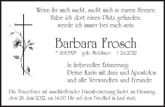 Traueranzeige von Barbara Frosch von Pegnitz-Zeitung
