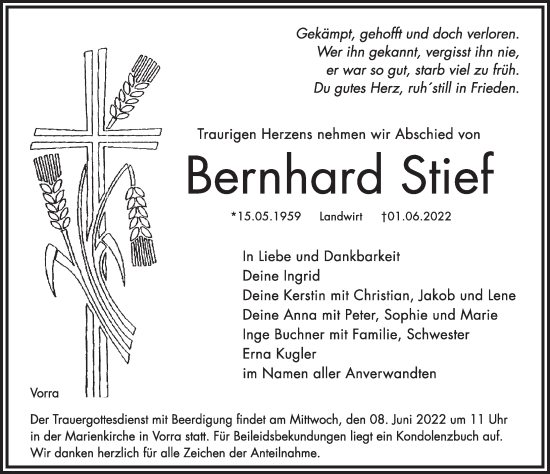Traueranzeige von Bernhard Stief von Hersbrucker Zeitung