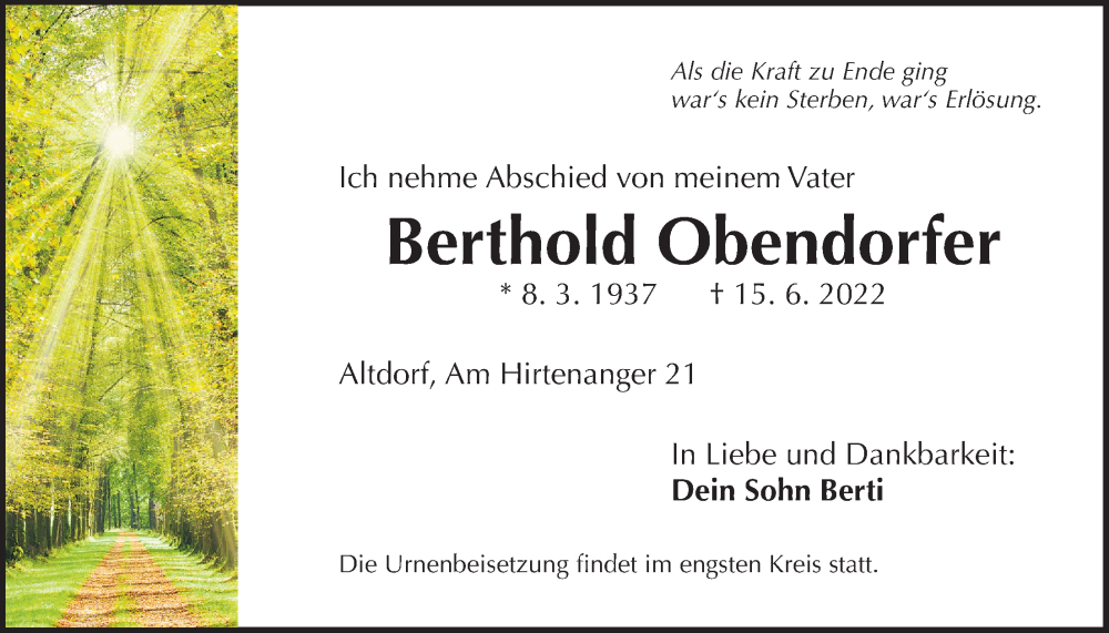  Traueranzeige für Berthold Obendorfer vom 18.06.2022 aus Der Bote