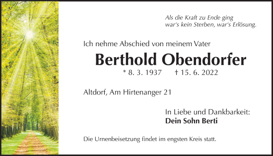 Traueranzeige von Berthold Obendorfer von Der Bote