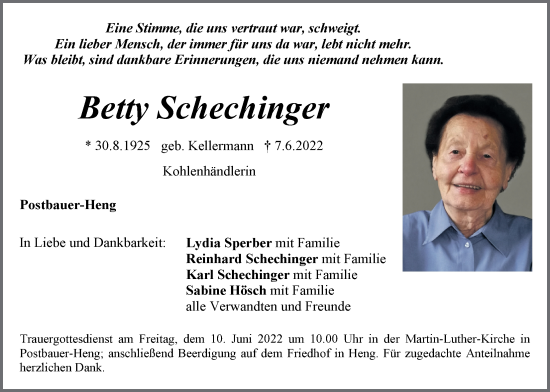 Traueranzeige von Betty Schechinger von Der Bote