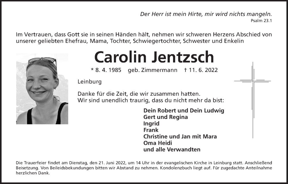  Traueranzeige für Carolin Jentzsch vom 18.06.2022 aus Der Bote