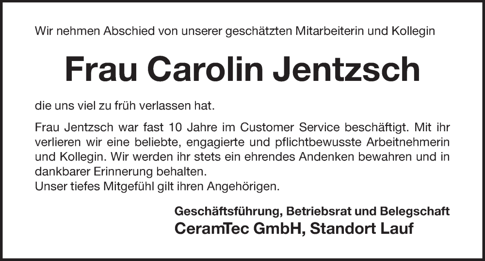  Traueranzeige für Carolin Jentzsch vom 22.06.2022 aus Pegnitz-Zeitung