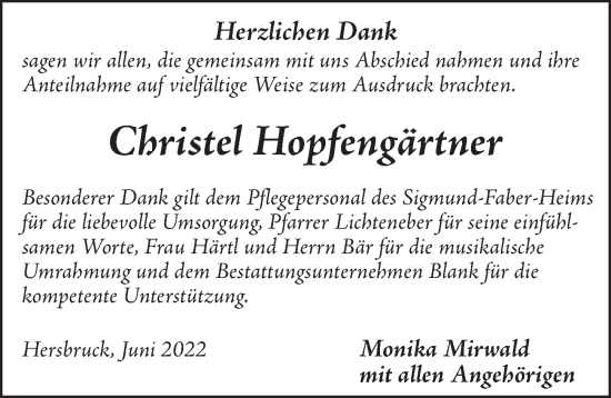 Traueranzeige von Christel Hopfengärtner von Hersbrucker Zeitung