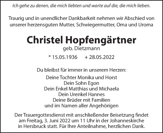 Traueranzeige von Christel Hopfengärtner von Hersbrucker Zeitung