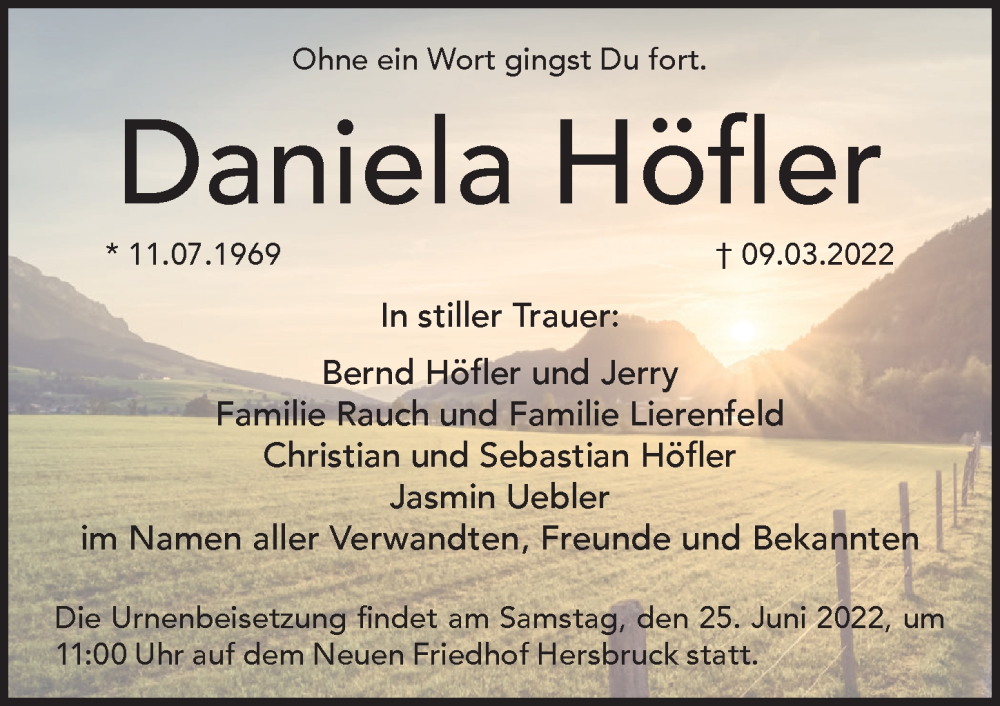  Traueranzeige für Daniela Höfler vom 22.06.2022 aus Hersbrucker Zeitung