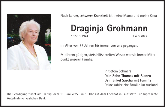 Traueranzeige von Draginja Grohmann von Pegnitz-Zeitung