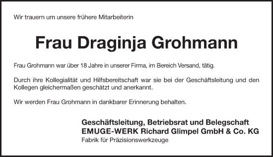 Traueranzeige von Draginja Grohmann von Pegnitz-Zeitung