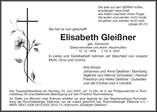 Traueranzeige von Elisabeth Gleißner von Der Bote
