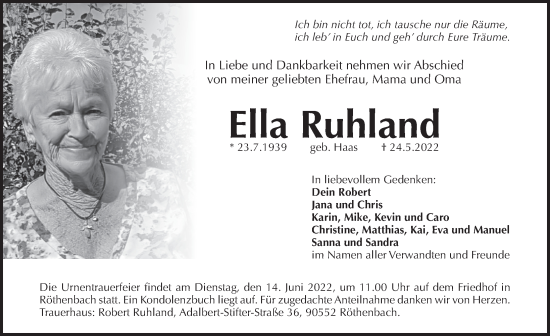 Traueranzeige von Ella Ruhland von Pegnitz-Zeitung