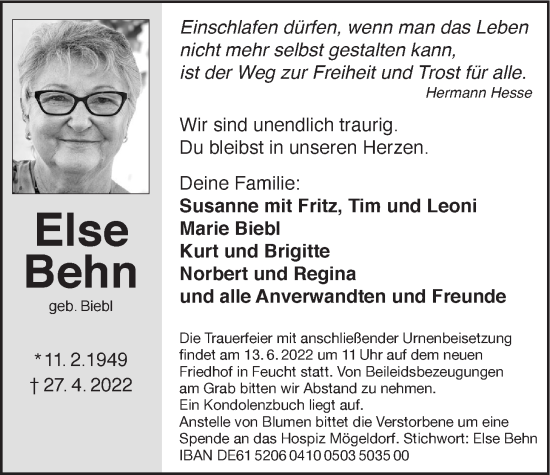 Traueranzeige von Else Behn von Der Bote