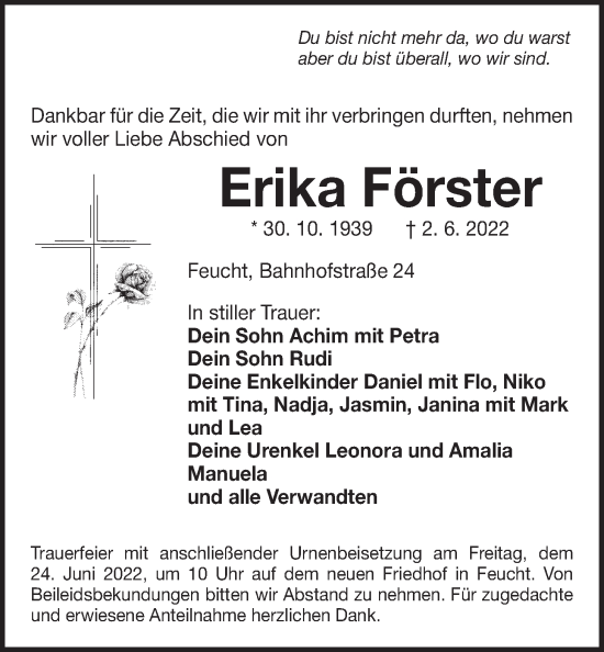 Traueranzeige von Erika Förster von Der Bote