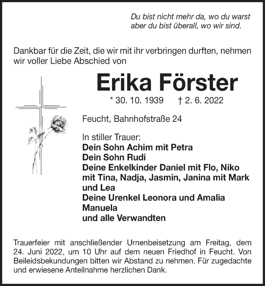  Traueranzeige für Erika Förster vom 21.06.2022 aus Der Bote