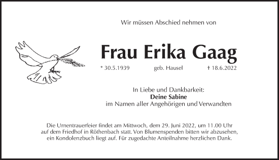 Traueranzeige von Erika Gaag von Pegnitz-Zeitung