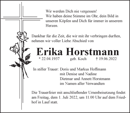 Traueranzeige von Erika Horstmann von Pegnitz-Zeitung