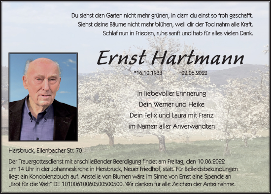 Traueranzeige von Ernst Hartmann von Hersbrucker Zeitung
